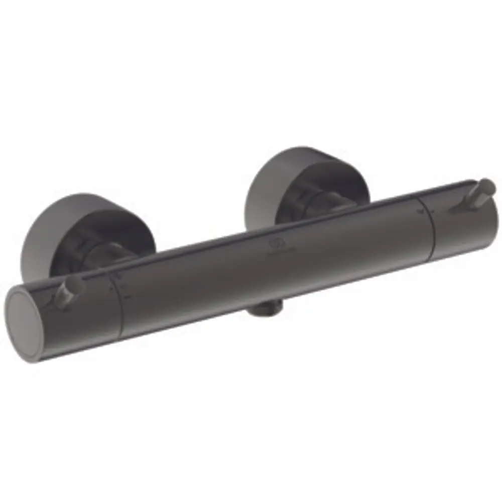Brausethermostat in Magnetic Grey von Ideal Standard mit zwei regulierbaren Griffen zur Temperatur- und Mengensteuerung. Wandmontage mit runden Halterungen.